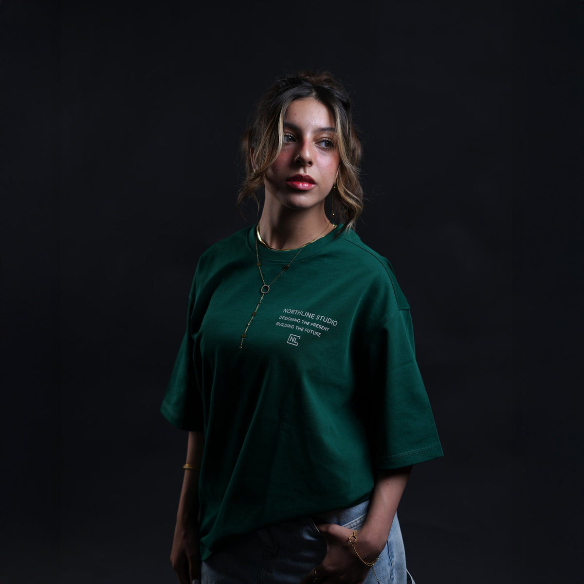 Northline Restructured Thinking Tee in green, oversized heavyweight fit, front view